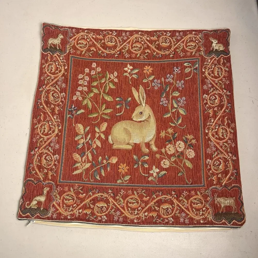 Medieval Rabbit Tapestry Pillow Cover Jacquard Woven France Gobelus 18.5x19.5
